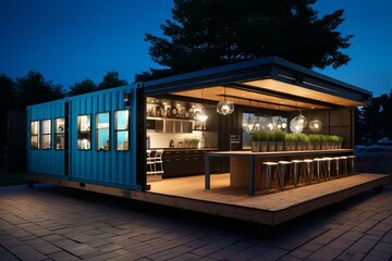 Eco-friendly shipping container transformed into a contemporary eatery, workspace, or dwelling featuring a blue and green aesthetic. Generative AI
