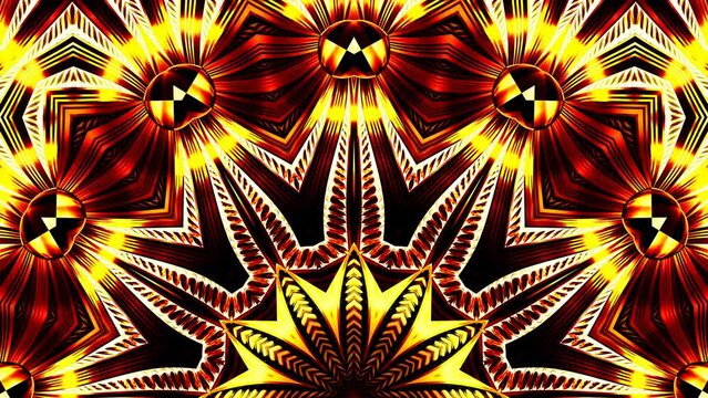 Fiery ornamental semicircular background moving. Flamy abstract construction changes and rotation. Fire half circle with shevron patterns, waves, geometric shapes metamorphoses. 4K UHD 4096x2304