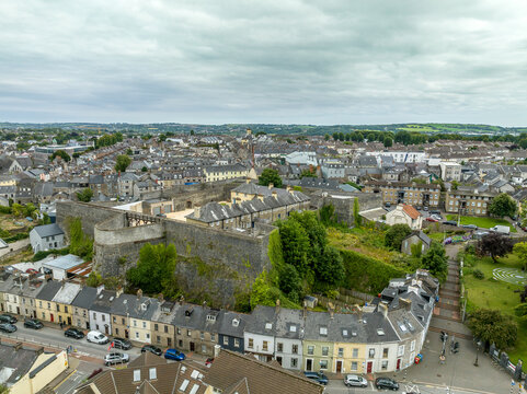 Aerial view Elizabeth Fort star shaped military base in Cork Ireland nested among a hilltop neighborhood 