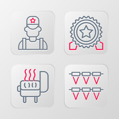 Set line Carnival garland with flags, Barbecue grill, Medal star and Sheriff cowboy icon. Vector