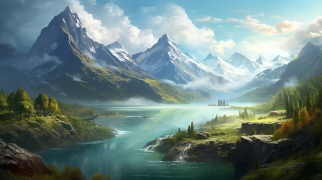mountains and river atmospheric daytime landscape realistic.