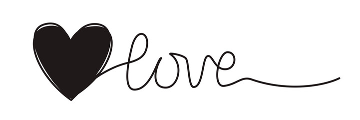Doodle heart and word LOVE hand written with thin line, divider shape scribble style. Png clipart isolated on transparent background