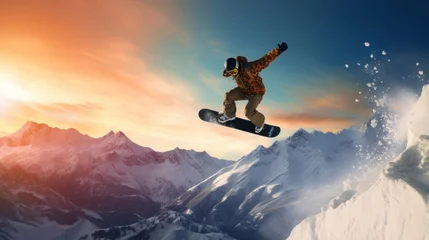 Tuinposter snowboarding jumping. © Yahor Shylau 