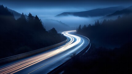 A bustling highway illuminated by streaks of car lights at night - obrazy, fototapety, plakaty