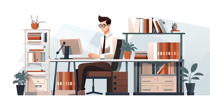 Vector style 2D illustrated image of a professional businessman sitting at his desk, working on a laptop with a headset on