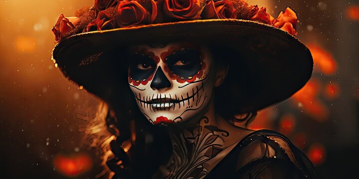 A beautiful latina woman wearing traditional dia de los muertos (day of the dead) calavera (sugar skull) makeup facepaint with flowers