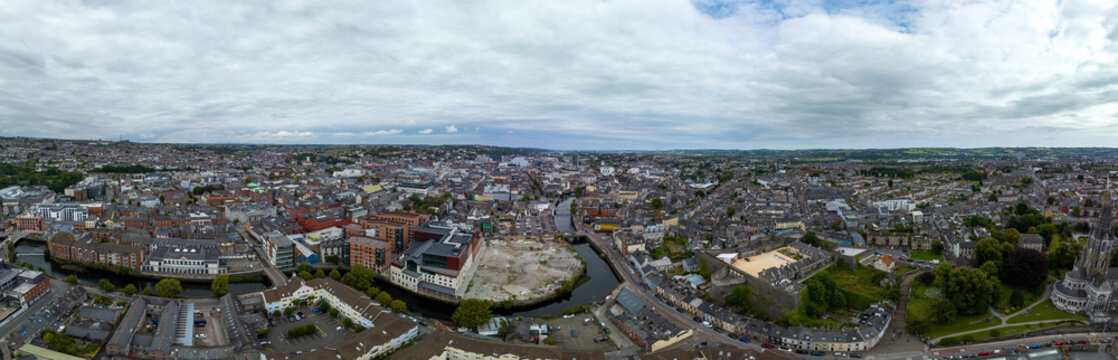 Aerial panorama of Cork in Southern Ireland with St Colman's cathedral, Elizabeth Fort, Bishop Lucey park, River Lee, Saint Fin Barre's Cathedral
