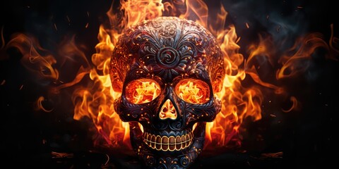 Generative AI Sugar Skull (Calavera) to celebrate Mexico's Day of the Dead (Dia de Los Muertos) on fire