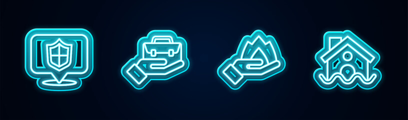 Set line Location shield, Hand holding briefcase, fire and House flood. Glowing neon icon. Vector