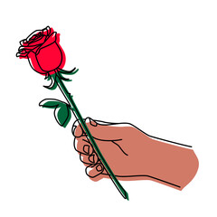 Hand holding a rose and giving it. Man gives a flower. Hand drawn with thin line. Png clipart isolated on transparent background