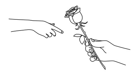 Hand holding a rose and giving it. Man gives a flower to a woman. Hand drawn with thin line. Png clipart isolated on transparent background