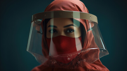 Woman from Islam Wearing Red Face Mask and Face Shield during COVID-19 Red Pandemic Generative AI
