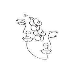 Women's faces with flowers linear minimalist decorative outline artwork. 