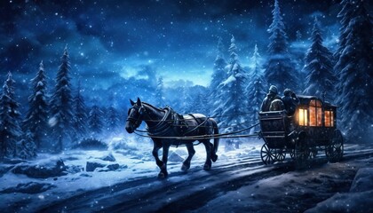 Starry Christmas night sleigh ride, celestial journey - obrazy, fototapety, plakaty