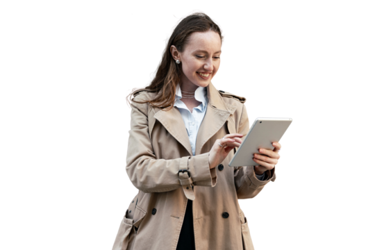 Communicates with artificial intelligence, asks questions and gets answers. Uses the AI app in the device. A female tablet designer surfing the internet.