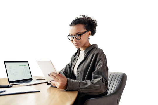 The Designer Is A Young Female Student Using A Tablet And A Laptop Computer, Laughing While Working Online. An Office Employee, A Young Entrepreneur In The Office.