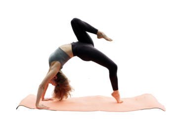 Flexible woman yoga workout, exercises asana pose bridge uses mat. Balance and mental health of a person.