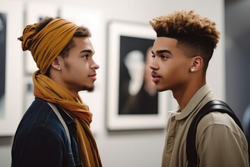 cropped shot of two young men having a conversation while standing in an art gallery