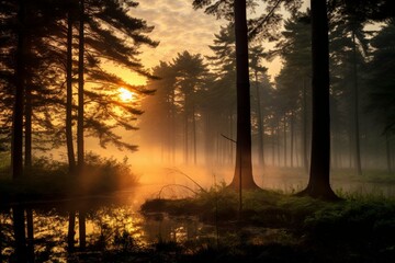 Misty dawn in a grand woodland, an eternal scenic view. Generative AI