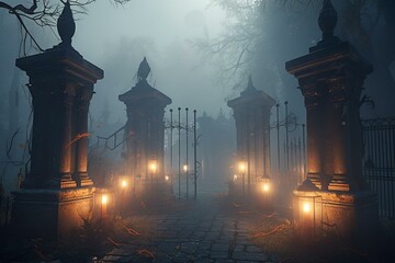 Eerie graveyard entrance adorned with Halloween lanterns and candles beside a foggy tombstone on a mist-filled night. 3D artwork. Generative AI
