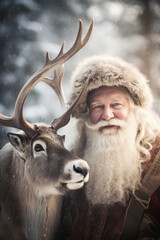 Santa Claus with his reindeer in snowy winter forest, bokeh background.