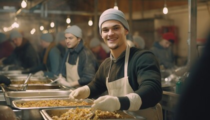 Thoughtful guy volunteering at a soup kitchen on Christmas, holiday charity work, helping others