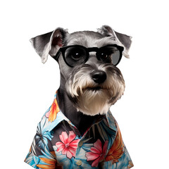 Schnauzer wearing an aloha shirt and sunglasses, isolated on white or transparent background.