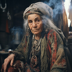 Very elderly woman in bright ancient clothes in  headscarf with jewelry smokes pipe,  pirate's grandmother, an old gypsy woman, a close-up portrait of an unusual person - obrazy, fototapety, plakaty