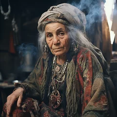Poster Very elderly woman in bright ancient clothes in  headscarf with jewelry smokes pipe,  pirate's grandmother, an old gypsy woman, a close-up portrait of an unusual person © Dmitry