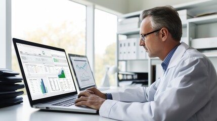 Doctor looking at patient health data records on a computer. Generative AI