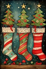 Christmas stockings and decoration. Holiday postcard. Vintage design. Generative Ai illustration