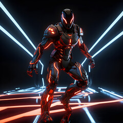 A futuristic armored cyborg guard in action neon lights