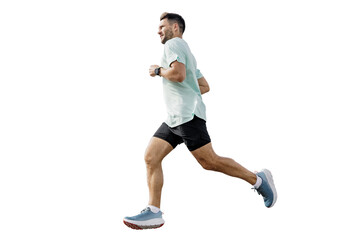 Athletic man training jogging full-length. Healthy lifestyle, sports clothes for running and sneakers. A trainer performing fitness exercises.