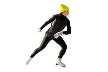 Skating on ice professionally is a woman in warm winter sports clothes and a hat, full-length, transparent background.