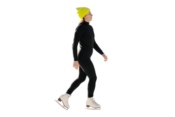 Skating on ice skates a woman in warm winter sports clothes and a hat, full-length, transparent background.