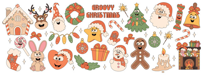 Collection of hippie trendy retro Christmas stickers. Christmas tree, gifts, snowman, gnome, Santa, gingerbread, lollipop. Vector illustration in 80s style.