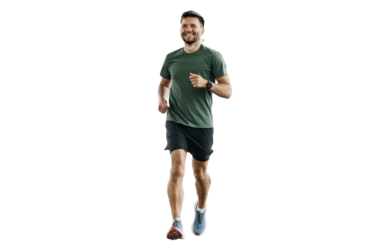 Healthy lifestyle, sports clothes for running and sneakers. A trainer performing fitness exercises. Athletic man training jogging full-length.