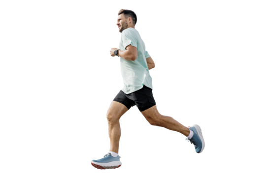 Athletic man training jogging full-length. Healthy lifestyle, sports clothes for running and sneakers. A trainer performing fitness exercises.