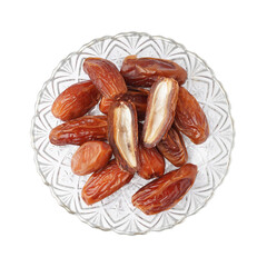 Bowl with dried dates on white background