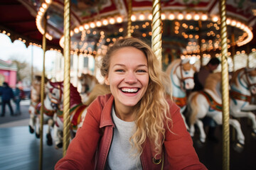  Smiling young woman having fun in amusement park Prater in Vienna