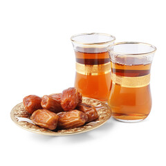 Bowl with dried dates and glasses of Turkish tea on white background
