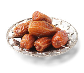 Bowl with dried dates on white background