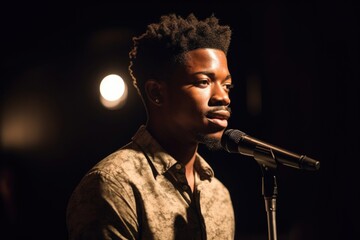 shot of a handsome young man giving an empowering speech at a poetry reading - obrazy, fototapety, plakaty
