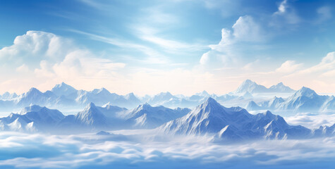 Fototapeta premium High cloudy sky with mountains, in the style of azure, light white and cyan, photo-realistic landscape. 