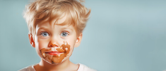Cute expression on face of child smeared with food. Close-up. Banner.