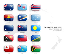Oceania Countries Flags 3D Vector Rounded Glossy Icons Set Isolate On White. Oceanian Official National Flags Bright Vivid Colour Bulging Convex Round Buttons Design Collection Isolated On Background