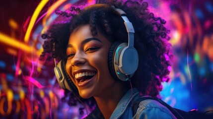 candid shot of an excited young african woman party with headphones. beautiful Generative AI AIG32 - obrazy, fototapety, plakaty