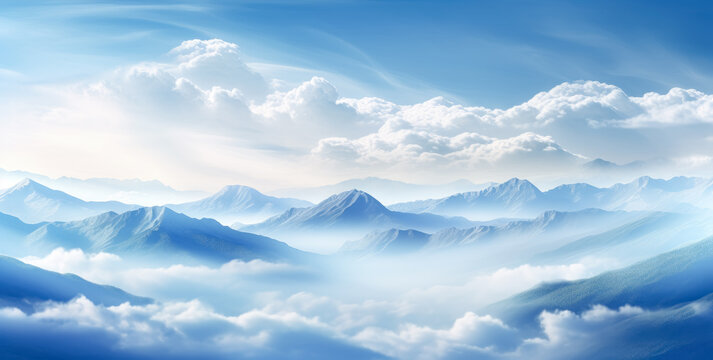High cloudy sky with mountains, in the style of azure, light white and cyan, photo-realistic landscape.
