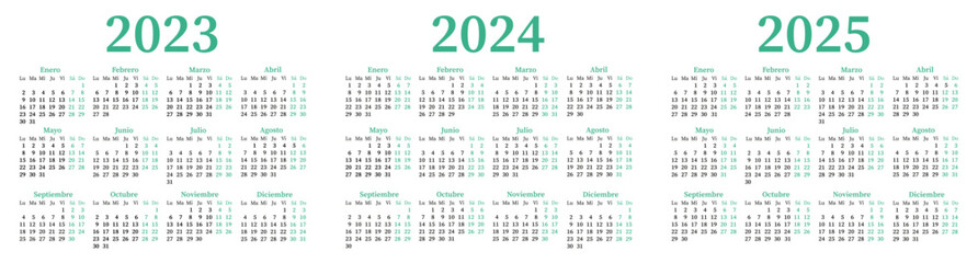 Spanish calendar for 2023,2024,2025. Week starts on Monday - obrazy, fototapety, plakaty