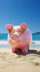 A cute pig enjoying a sunny day at the beach with stylish sunglasses